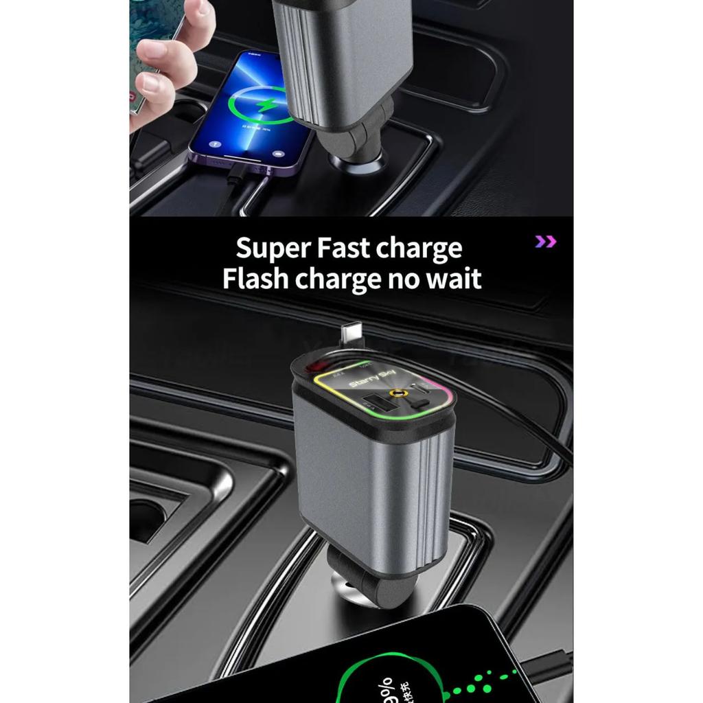 Upgraded 120W PD+USB Quick Charger with 2 Retractable Cable Fast Charging Car Phone Charge W/ Ambient Light 4 In 1 Power Adapter
