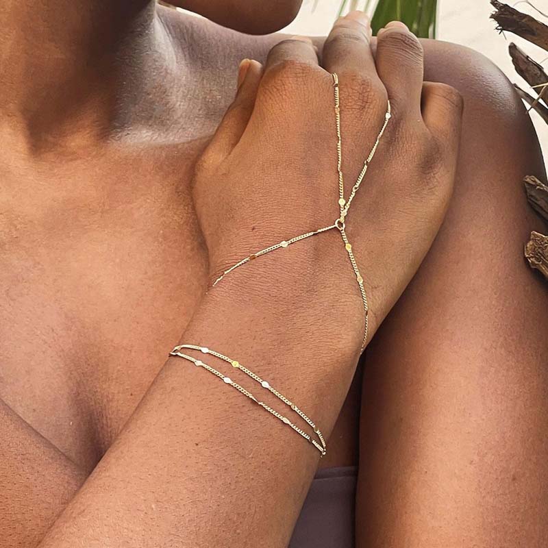 

Vintage Gold Color Connected Finger Ring Bracelets for Women Simple Metal Multilayer Ball Bead Link Chain Hand Bangles Zircon