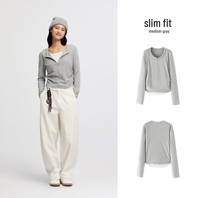 Semir Women's Slim Fit Faux Two-Piece Short Long Sleeve T-Shirt