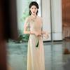 Champagne Color Dress Women Vintage Chic Short Sleeve Qipao Style Midi With Lace Trim