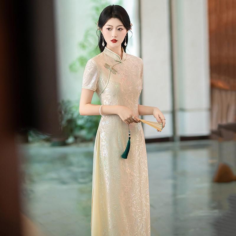 Champagne Color Dress Women Vintage Chic Short Sleeve Qipao Style Midi With Lace Trim