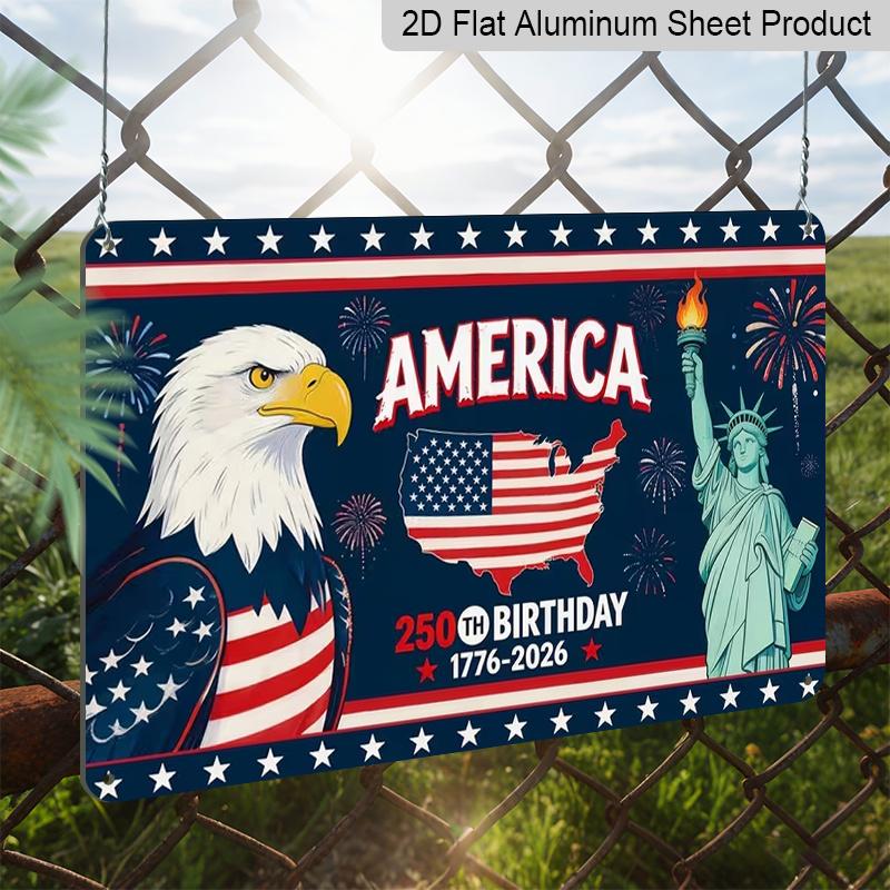 2D Flat, 1pc "250th Celebration" Patriotic Plaque, 12"×8" - American Independence Decor Sign with Eagle & Statue, Red White & Blue - Aluminium Wall