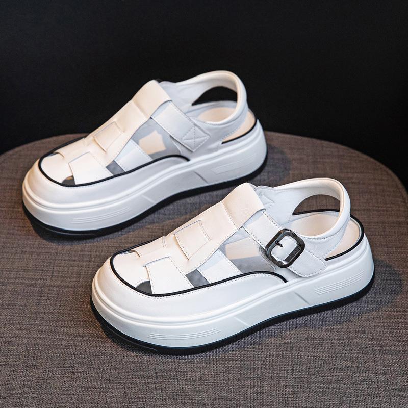 

5CM Cow Weave Genuine Synthetic Leather Pumps Platform Wedge Hook Summer Hollow Sandals Flats Women Slippers Fashion Shoes 35