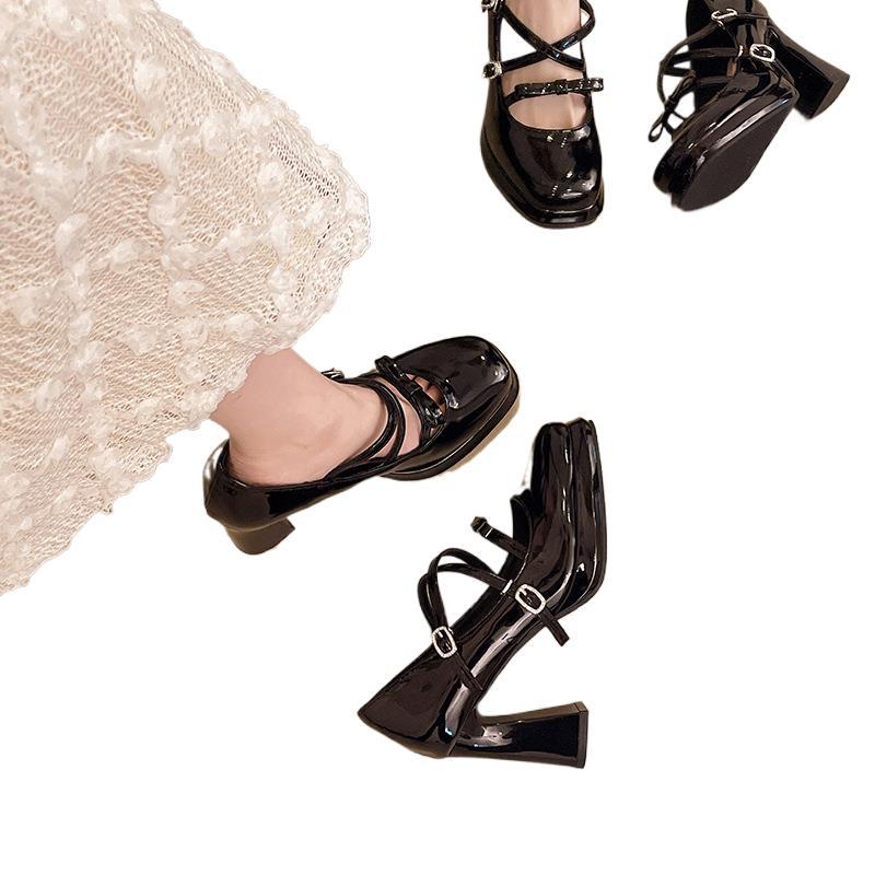 Waterproof Table High Heel Silver Mary Jane Shoes Women's Word with Square Head Single Shoes Bow Thick Heel Super High Heels Wedding Shoes