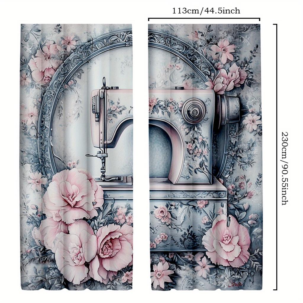 2pcs Vintage Sewing Machine Blackout Curtains   Colorful Floral Print   Rustic Rod Pocket Drapes for Bedroom & Living Room   Semi-T