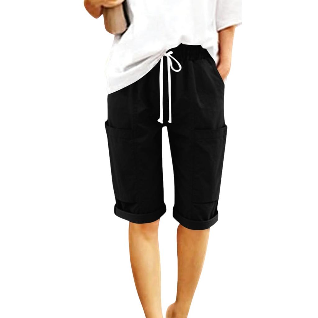 Women's Fashionable Color Elastic Waist Pocket Casual Loose Cotton And Linen Rolled Edge Five Quarter Shorts