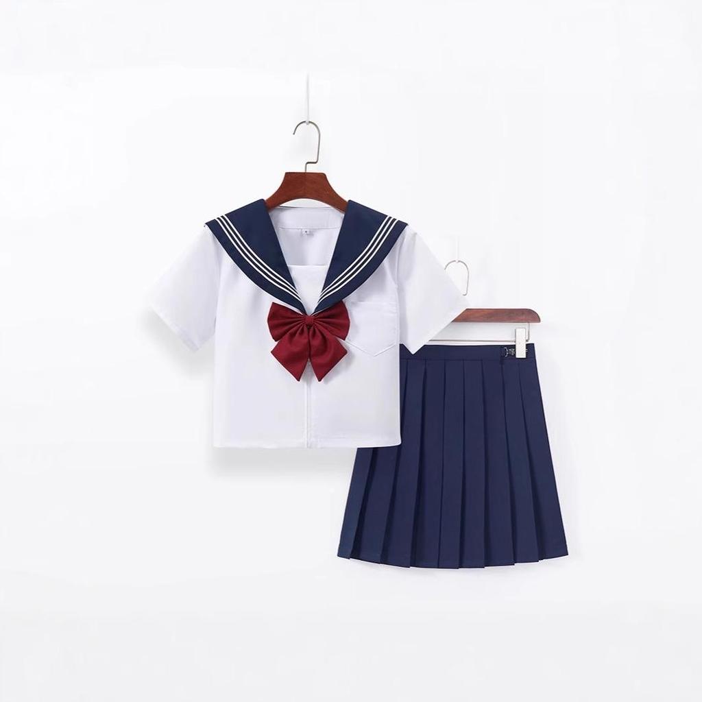 Navy Collar White Japanese School-Style Sailor Suit JK Uniform Skirt Set