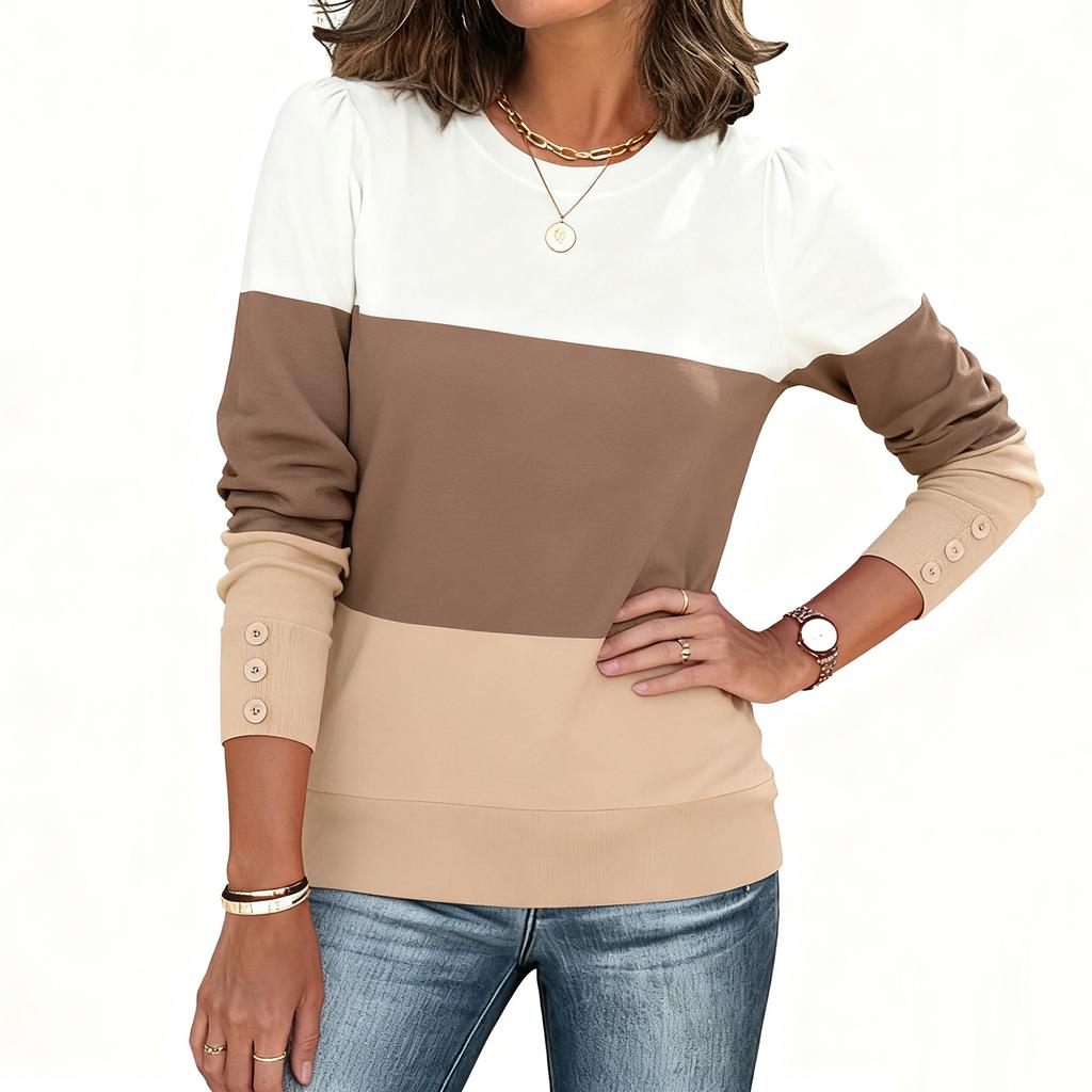 Women's Color Blocked Button Round Neck Long Sleeved Loose Fitting Pullover Top
