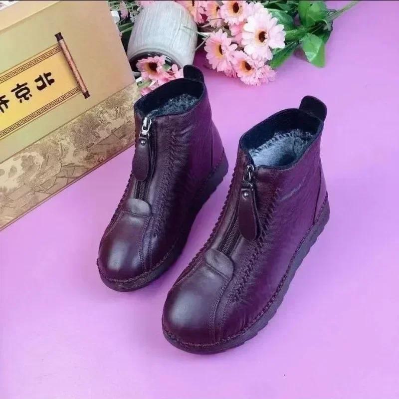 Warme Dameslaarzen Winter Dames Leren Schoenen Rits Enkel Dameslaarzen Ronde Neus Flats Pluche Sneeuw Enkellaarsjes Bottine Femme