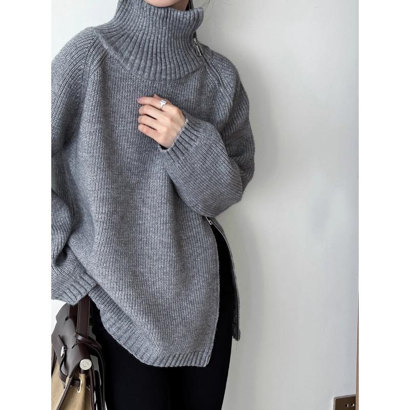 DIMANAF 2025 Autumn Women Zipper Sweaters Lady Pullover Tops Female Turtleneck Knitted Basic Solid Tees Red Sweaters