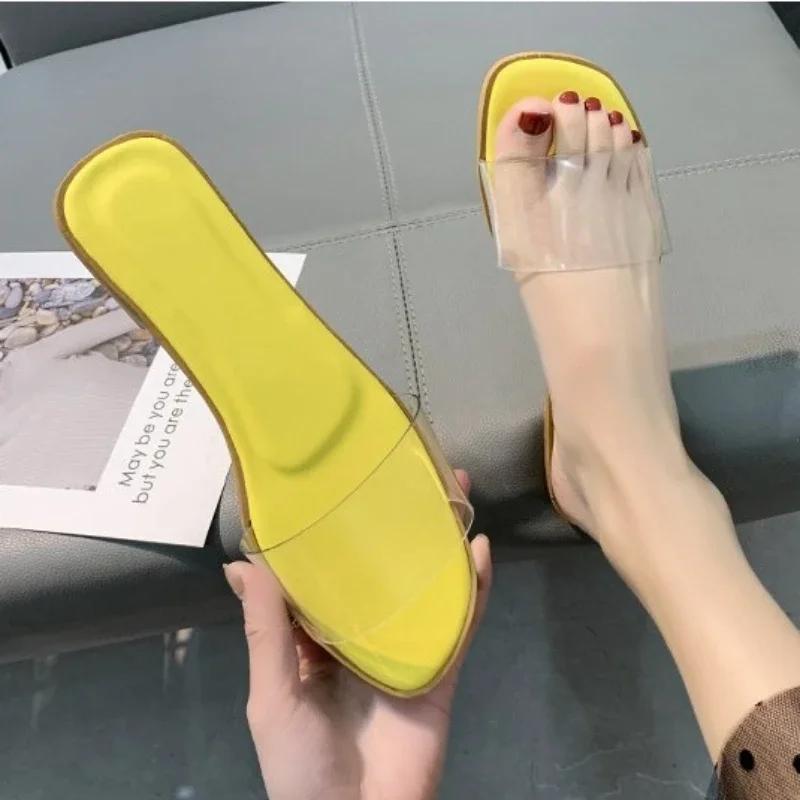 

New Slippers for Women Outer Wear Summer New Fashion Solid Color Casual Flat-bottom Lazy Sandals Flip Flop Shoes Transparent 35 жовтий