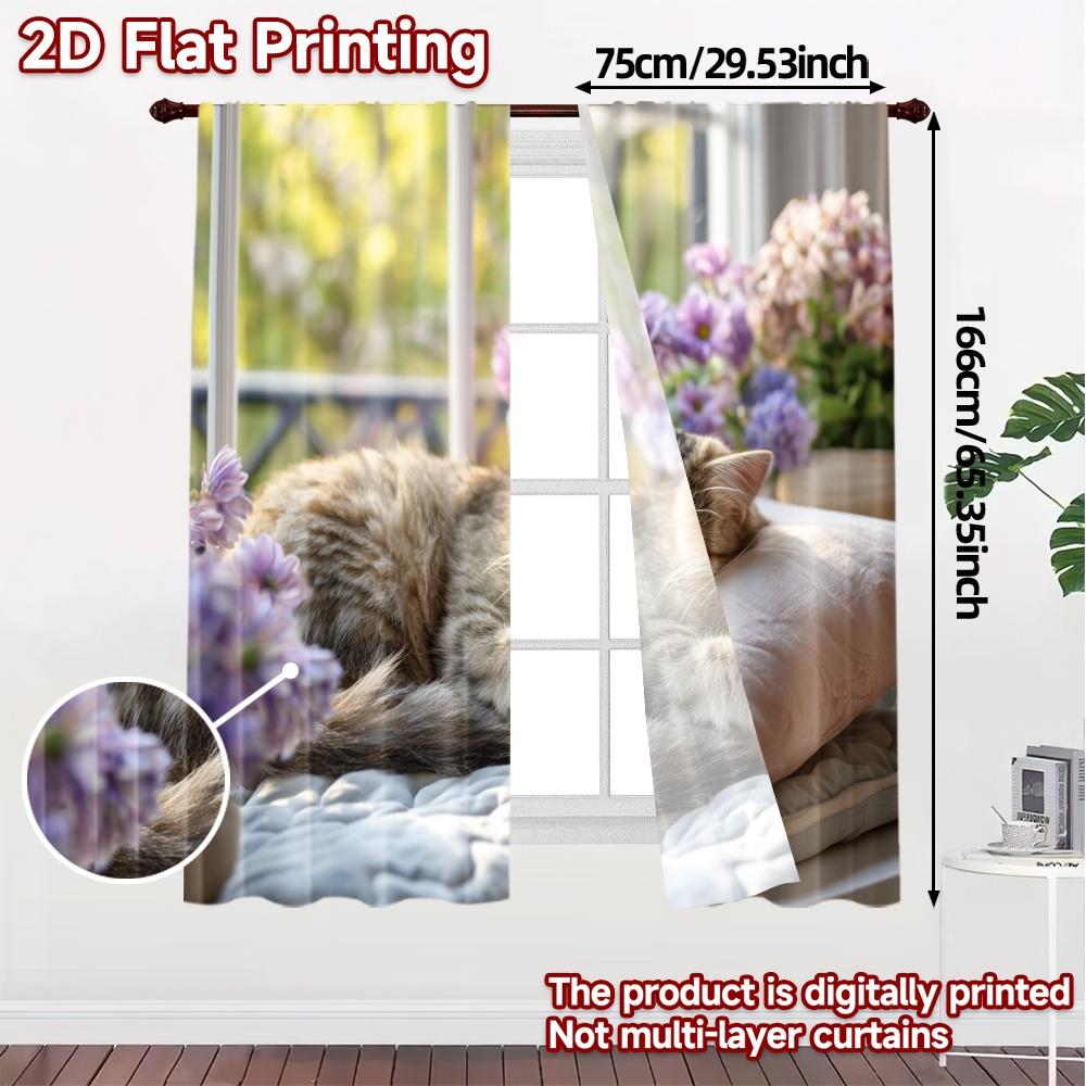 Set Of 2 Modern Flat Printing Curtains Without Rod Cozy Cat Dreams Prints Curtain With Sheer Polyester