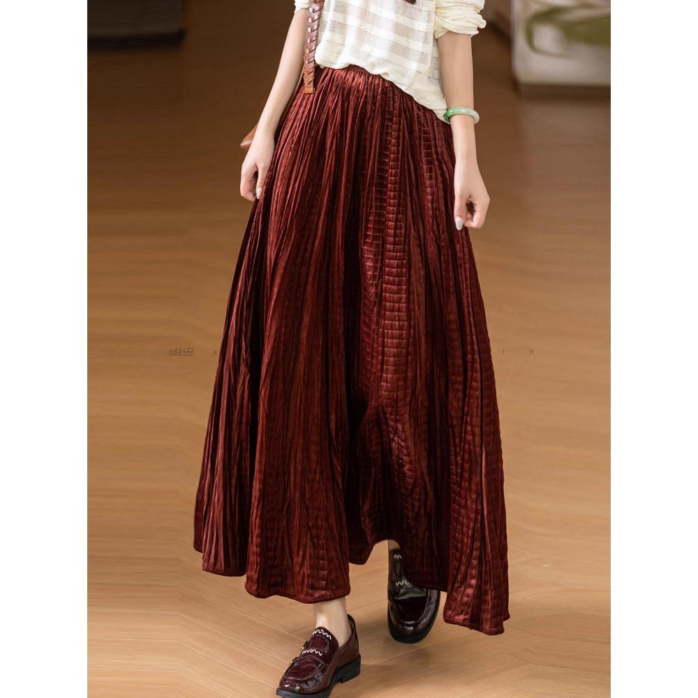 DIMANAF 2025 Autumn New Women Skirts Solid Plaid Loose Elastic Waist Pleated Elegant Long Skirts Red