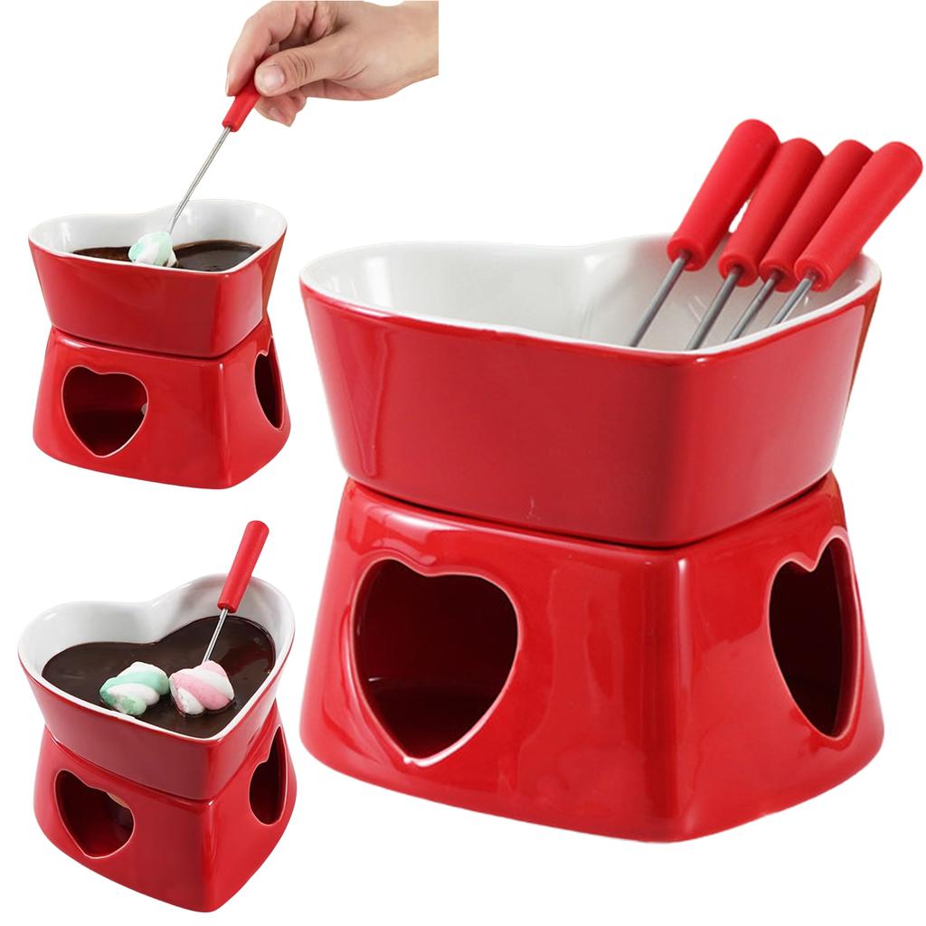 Ceramic Chocolate Fondue Pot Heart Shaped Mini Fondue Pot Set 320ML Cheese & Chocolate Fondue Pot for Parties Cozy Nights Gifts