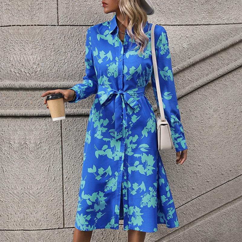 New Women's Long Sleeve Lapel Printed Shirt Dress