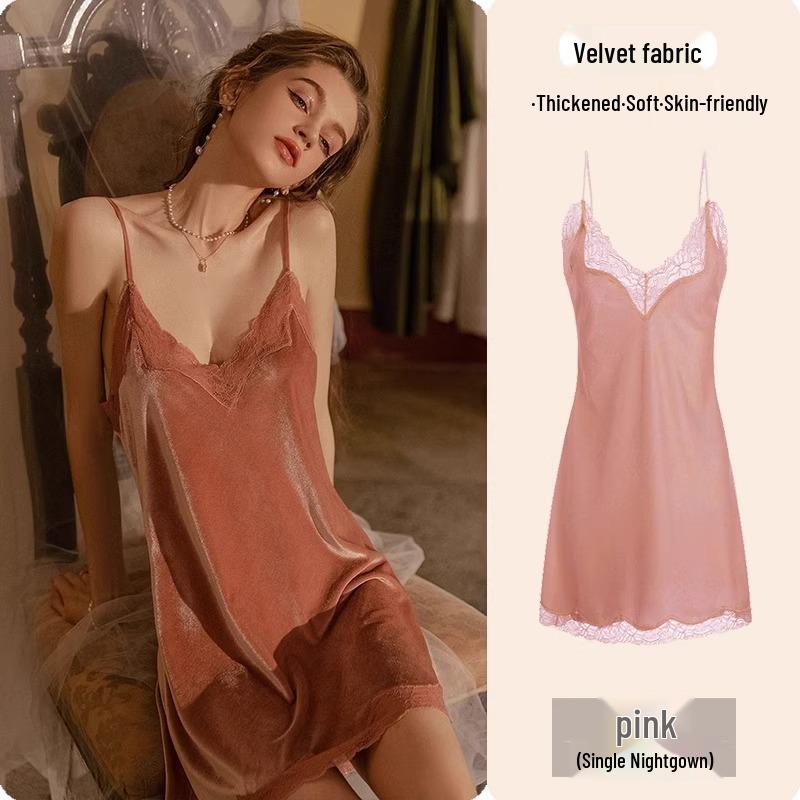 Camisón de Encaje de Seda de Hielo de Alta Gama Verano 2025 para Mujer - Estilo Puro Deseo con Almohadilla en el Pecho, Talla Grande Disponible