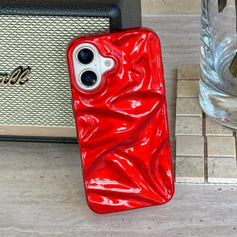 Red Glossy Irregular Wrinkle Phone Case For iPhone 16 Pro Max 17 Air 15 13 12 11 14 Plus Soft Silicone Protective Back Cover