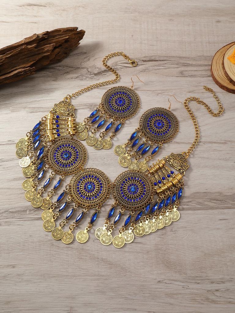 Gypsy Bohemia Chic Vintage Metal Coin Crystal Tassel Jewelry Sets Women Hippie Turkish Ethnic Tribal Necklace Earring Set