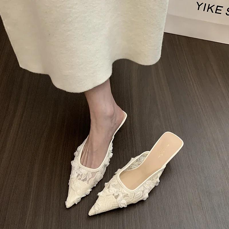 2025 Novo Verão Mulheres Renda Mules Chinelos Moda Salto Alto Fino Sapatos Mulher Chinelos de Malha Mulheres Sandálias de Luxo Sapatos de Festa