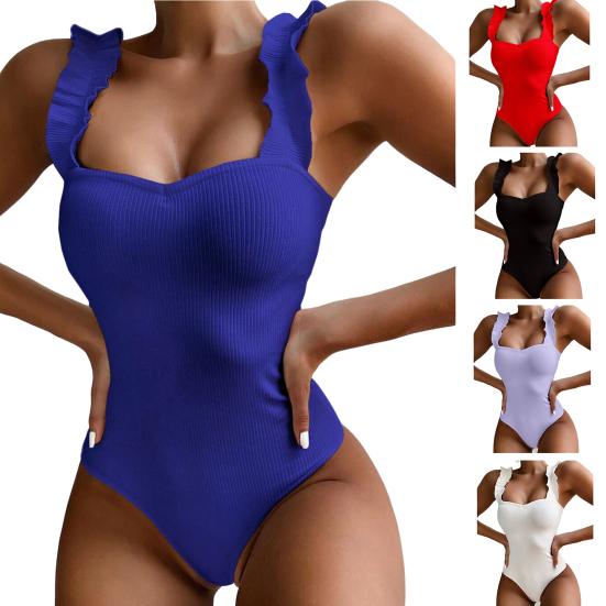 Square Collar Backless Ribbed Women Monokini Ruffle Shoulder Straps Solid Color One-piece