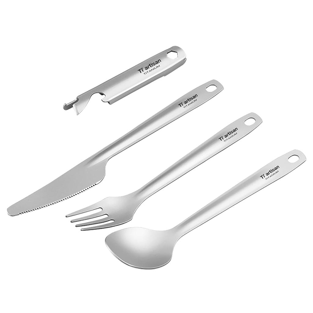 Ti Artisan Titanium Fork Spoon Bottle Opener, 4-Piece Utility Cutlery Set for Camping, Travel, and Everyday Use