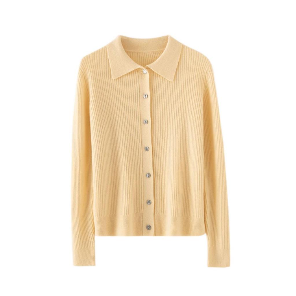 2024 Autumn/Winter Women's 100% Wool Striped Polo Collar Cardigan - Loose, Slimming, Versatile Fashion.