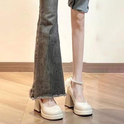 Mary Jane High Heels Damen Frühling und Herbst 2025 Neu Perlweiß Französisch Retro Hochzeitsschuhe Dicker Absatz Plateau Kleine Lederschuhe