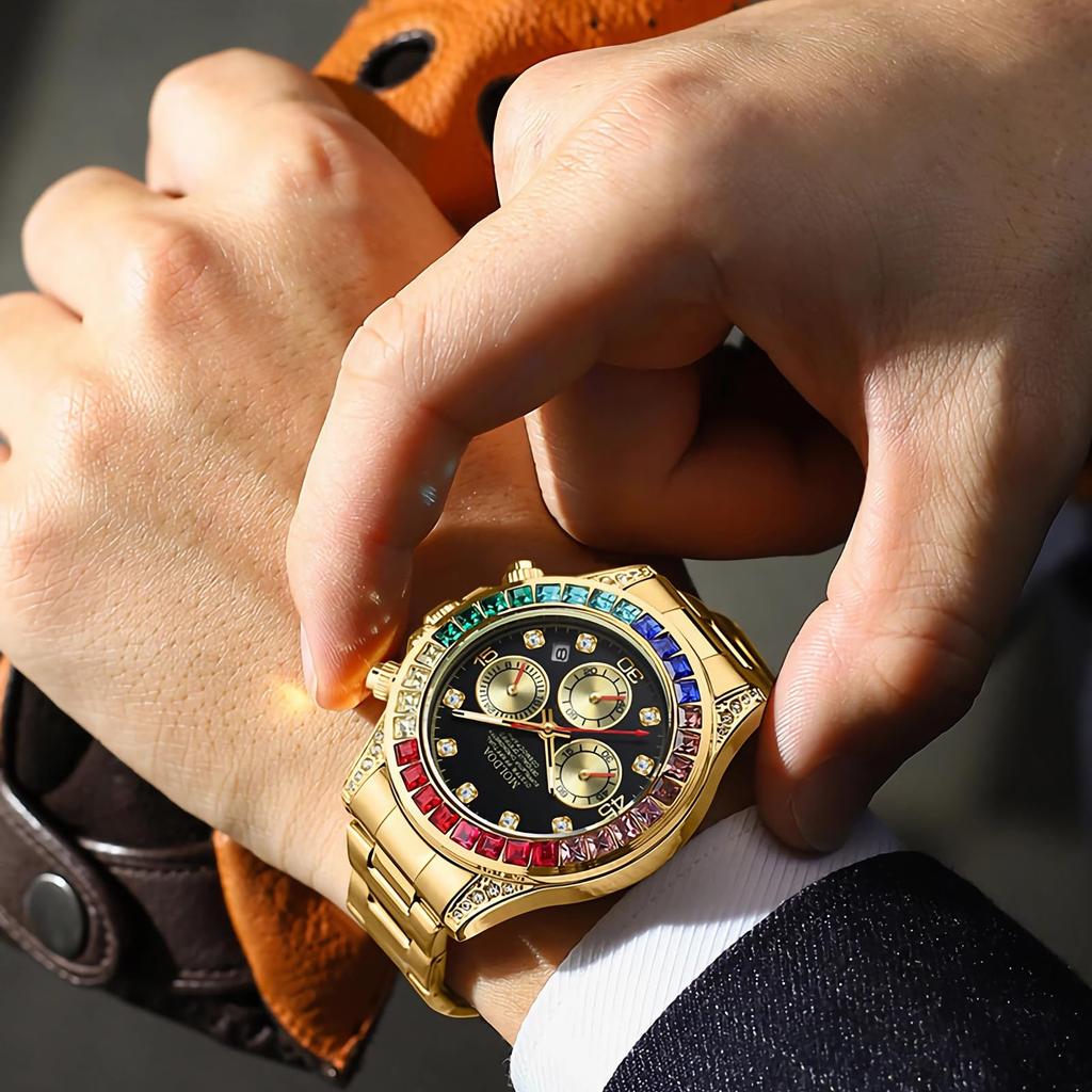 TeamSky Men's Automatic Mechanical Watch, Waterproof, Stainless Steel, Luminous, Large Dial, Timer Function, Date Display, Father's Day Gift (Gold)