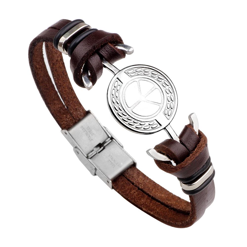 

Мужской браслет Qino из высококачественной коровьей кожи с застежкой из нержавеющей стали в виде символа мира коричневый