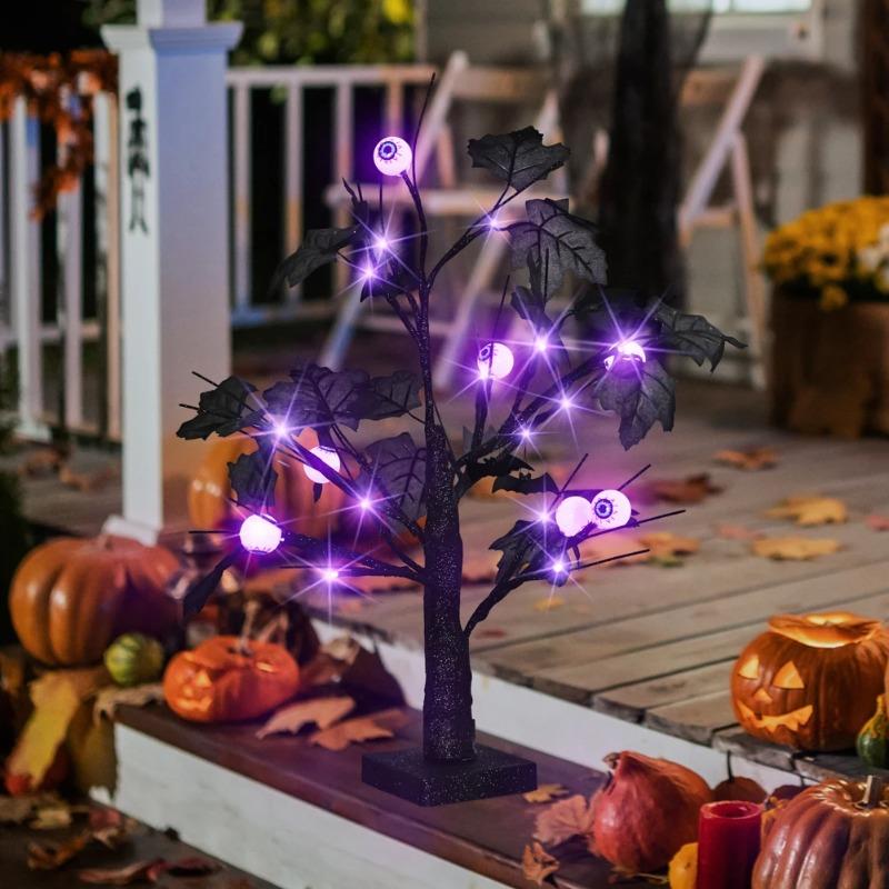 LED Purple Lighted Halloween Artificial Birch Tree Light DIY Black Branches Tabletop Lamp Spooky Home Party Festival Halloween Decor