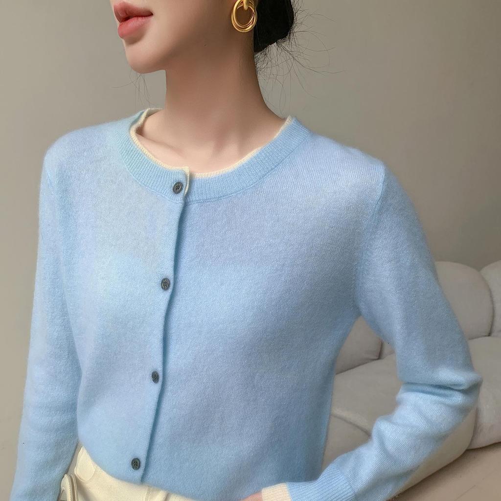 Color-Block Cashmere Cardigan: Women's Round Neck Loose Slimming Wool Knit Sweater for Autumn and Winter