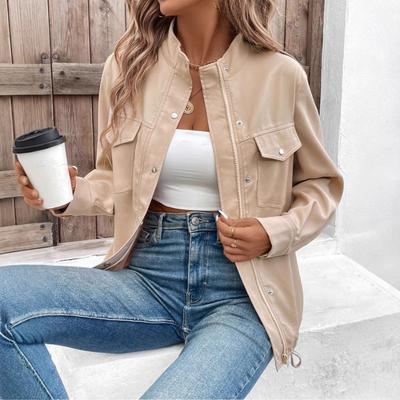 Pocket Work Top New Autumn Stand Collar Solid Color Jacket