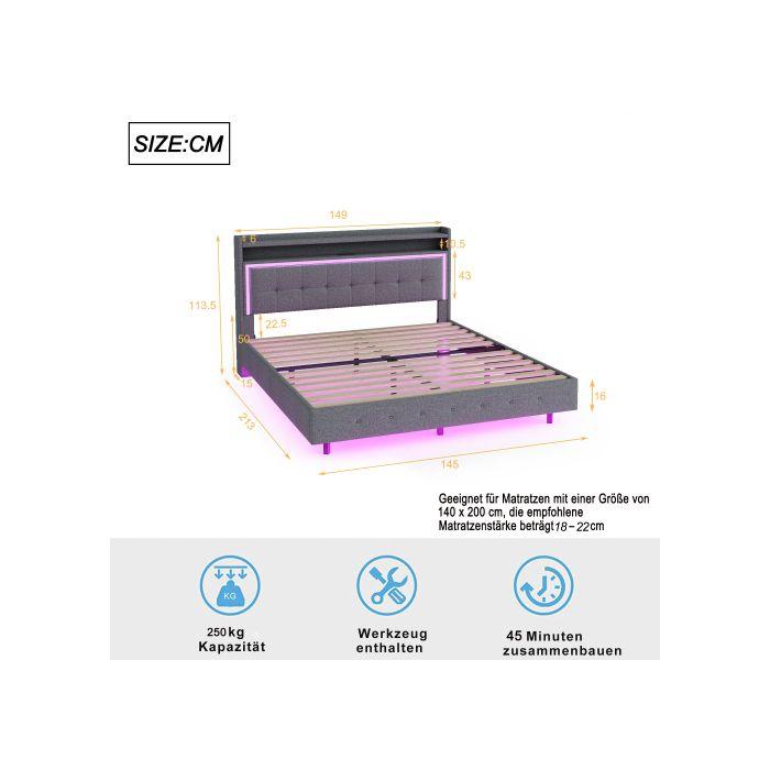 Lit rembourré - MUVOE - 140x200 - Prise USB - Éclairage LED - Tissu lin gris