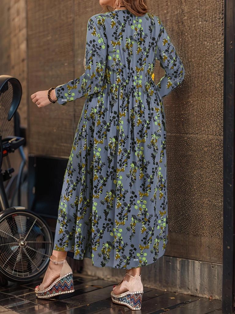 Women's Floral Print Round Neck Long Sleeve Maxi Dress - Versatile, Slimming, Loose Fit