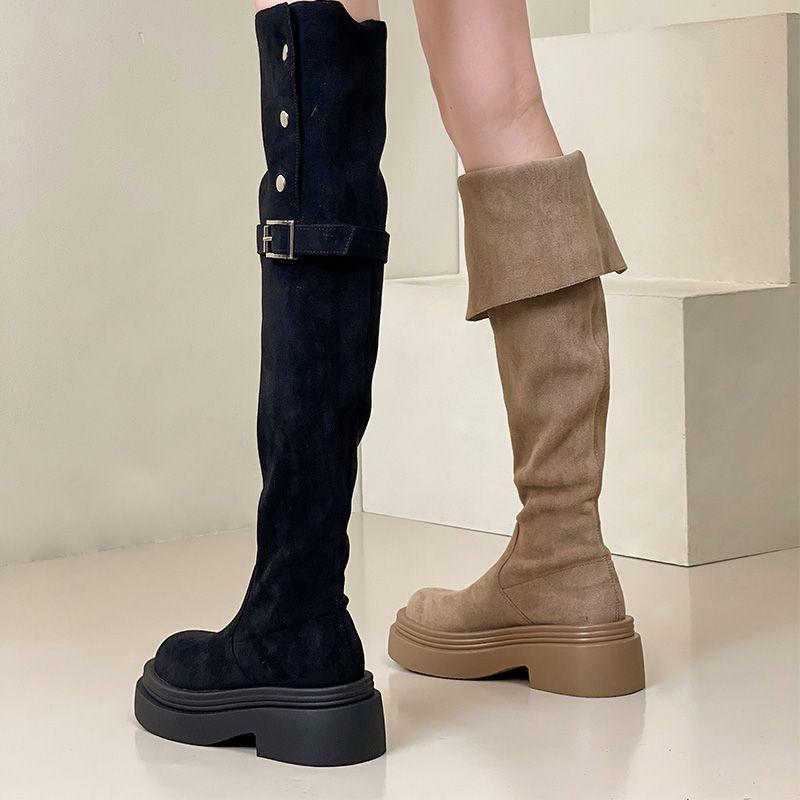 Women's 2025 Aut/Win Thick-Soled Over-the-Knee Foldable Knight Boots - Chunky Heel in Black/Khaki