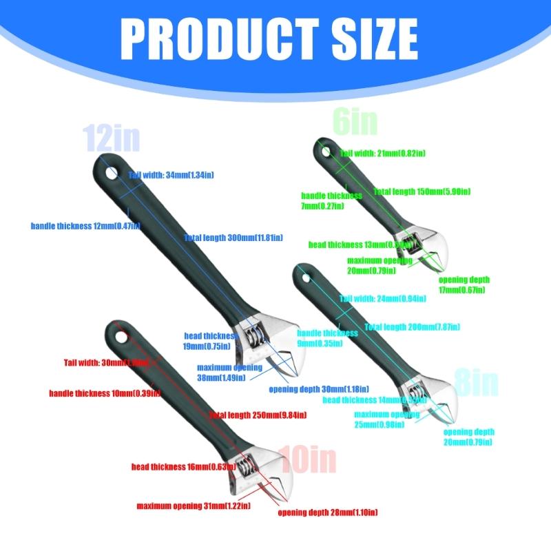 6/8/10/12inch Adjustable Wrench Professional Shifters Spanner with Wide Calibers Opening for Household
