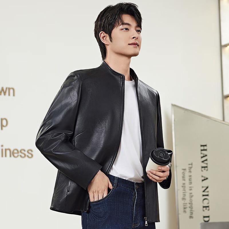 FAPAI Men's Genuine Sheepskin Leather Stand-Collar Jacket