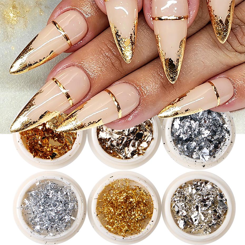 Xiaomi 6pcs Golden Silvery Metallic Nail Foil Flakes Mirror Flakes Foil Paper Glitter Nail Art Sequins Decorations Manicure Accessories