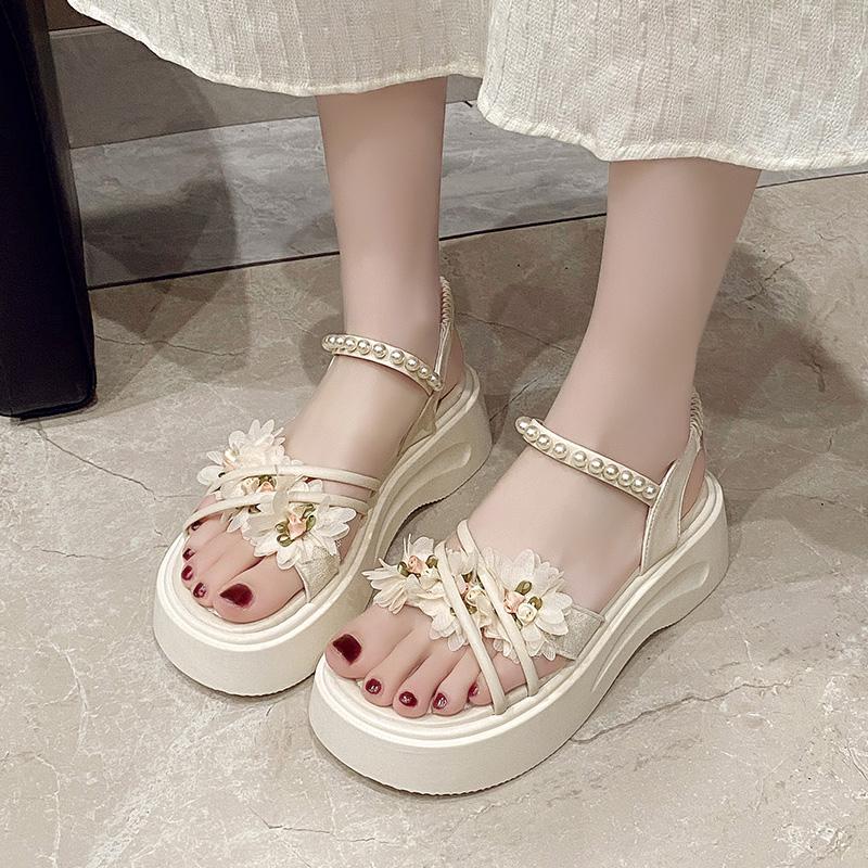 Summer New Sandals for Girls Pearls Beading Soft Platform Kids Casual Open-toe Beach Party Shoes with Bow-knot