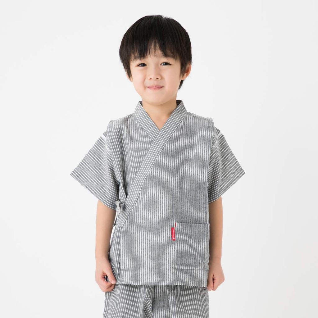 Watanosato Made In Japan Hickory Pattern Crepe Woven Casual Jinbei for Boys Gray (Size 90, Stripes)