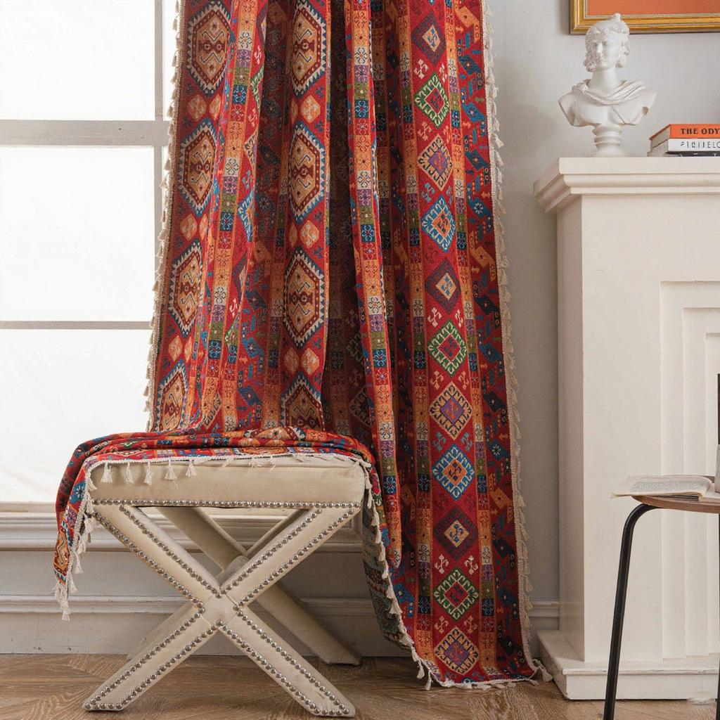 Perdele Stil Boem Jacquard Geometrice Ciucuri Perdea Finisată Valanță Bucătărie Dormitor Living Draperii Semi-opace