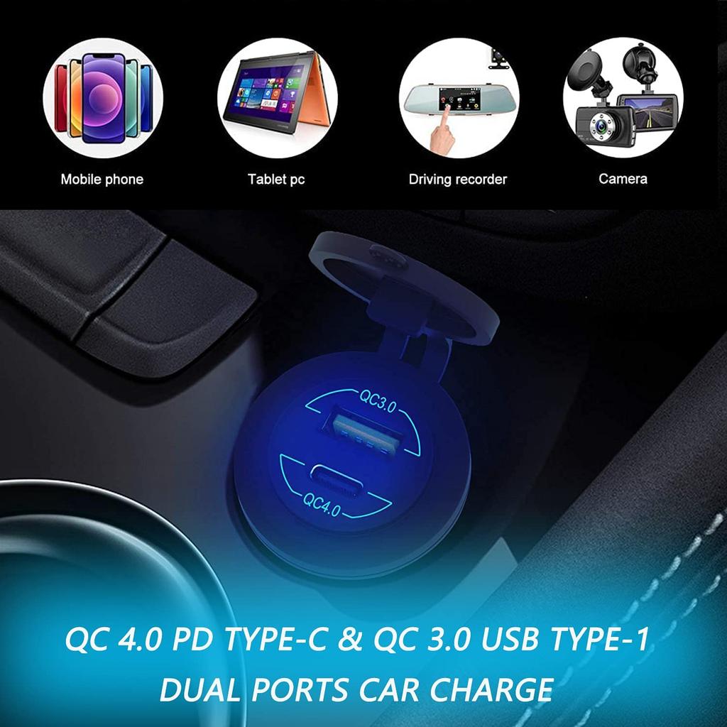 12V 24V USB Outlet Car Power Outlet Socket 60W QC 4.0 PD Type C & 36W Quick Charge 3.0 Car USB Charger Socket for Boat Auto