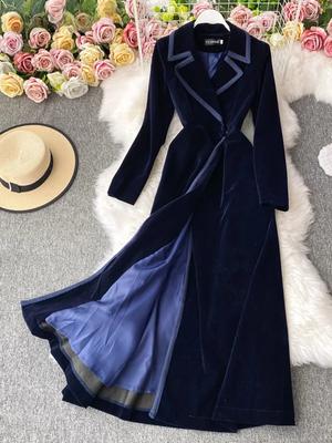 Elegant Style Party One Piece Dress Women's Contrast Color Notched Long Sleeve Dress Fashion High Waist Vintage Dresses Autumn Winter New