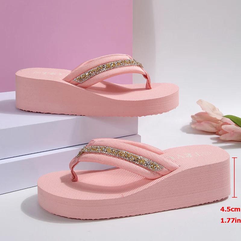 Fashion Crystal Wedge Flip Flops for Women 2025 Summer Thick Sole Non Slip Beach Slippers Woman Pink Clip Toe Platform Sandals