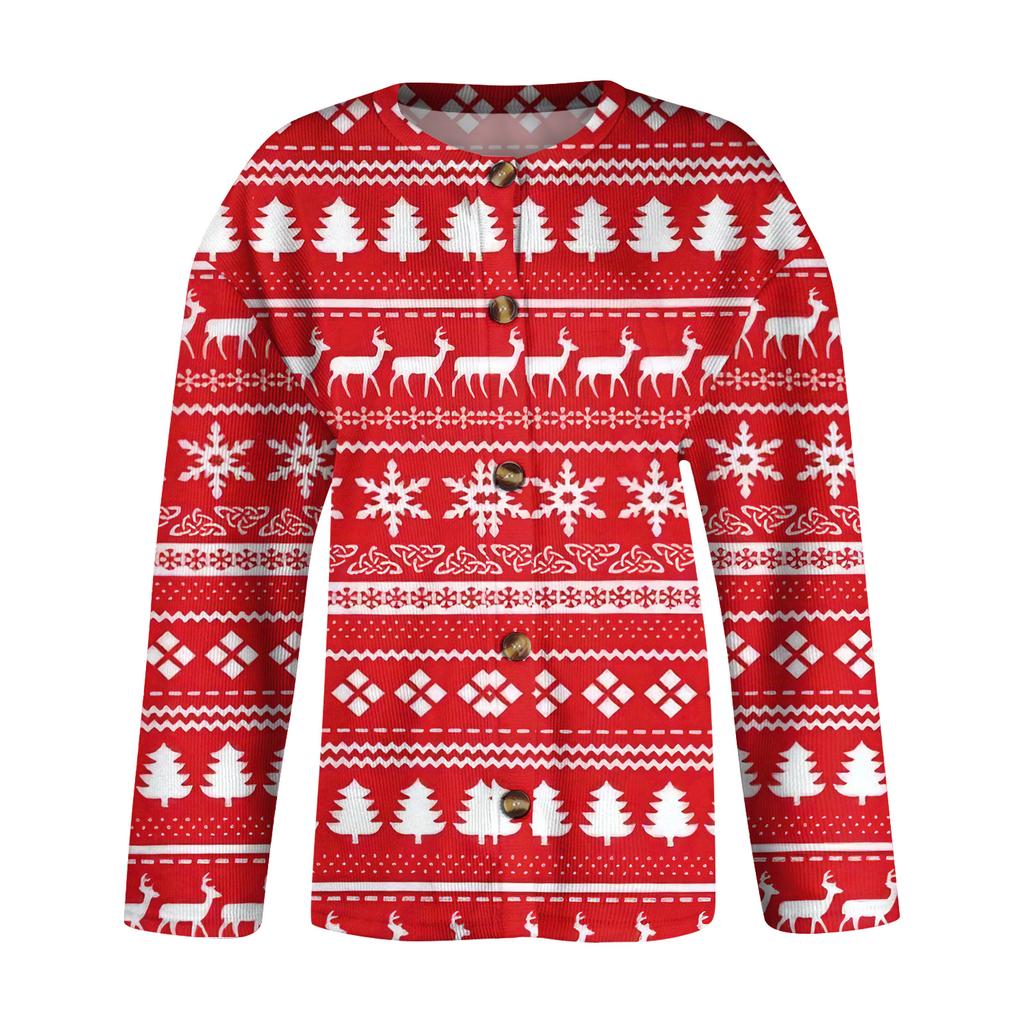 Women's Fashion Christmas Print Long Sleeve Knitted Cardigan Button Jacket