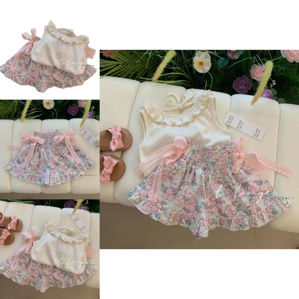 Niedliches Prinzessinnen-Stil zweiteiliges Set für kleine Mädchen mit weichem floralem Stoff für den Sommer