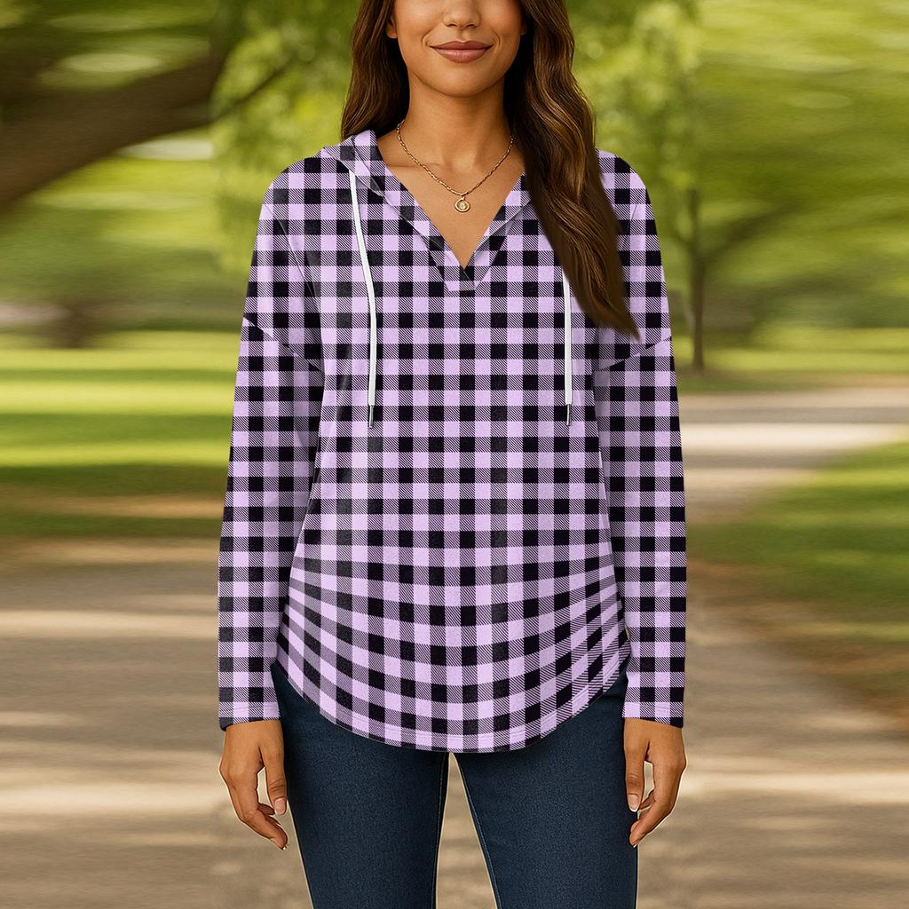 Damenmode Kapuzenpullover V-Ausschnitt Langarm Geblümter Kordelzug Lässig Locker Pullover Tops