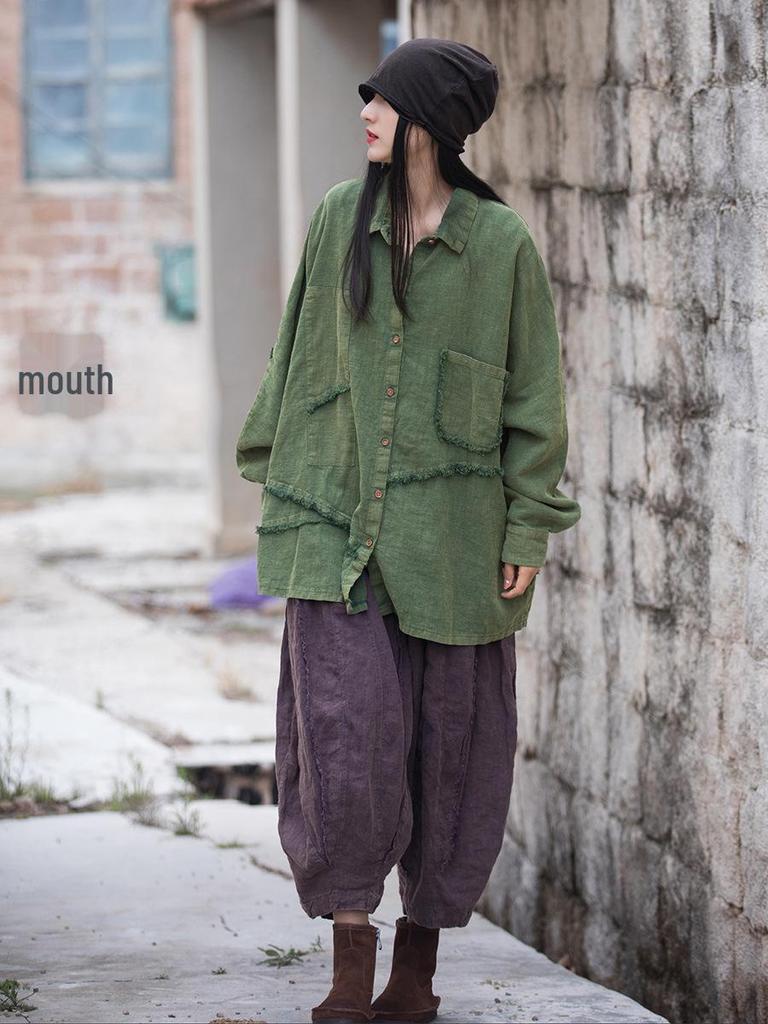 Women's Spring Loose-Fit Ramie Cotton Shirt with Distressed Irregular Splicing