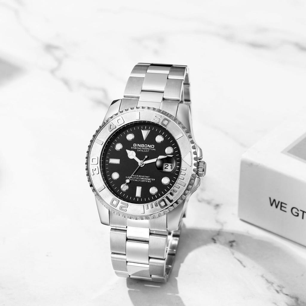 Silver Waterproof Quartz Watch with Calendar Luminous Analogue Watch with Rotatable Stainless Steel Simple and Stylish for Casual and Business A Great