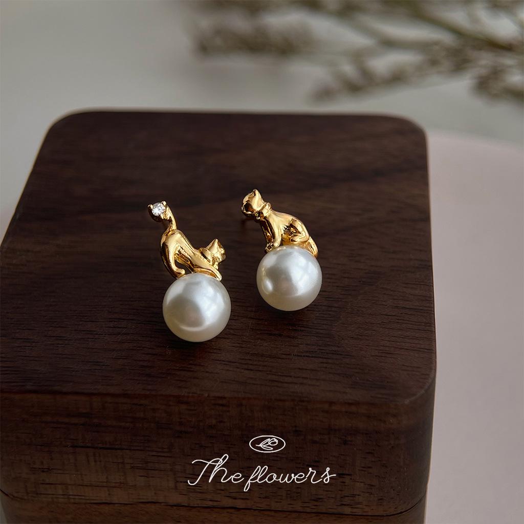 14K Gold-Plated Asymmetrical Cat Earrings for Women - Designer Animal Niche Jewelry